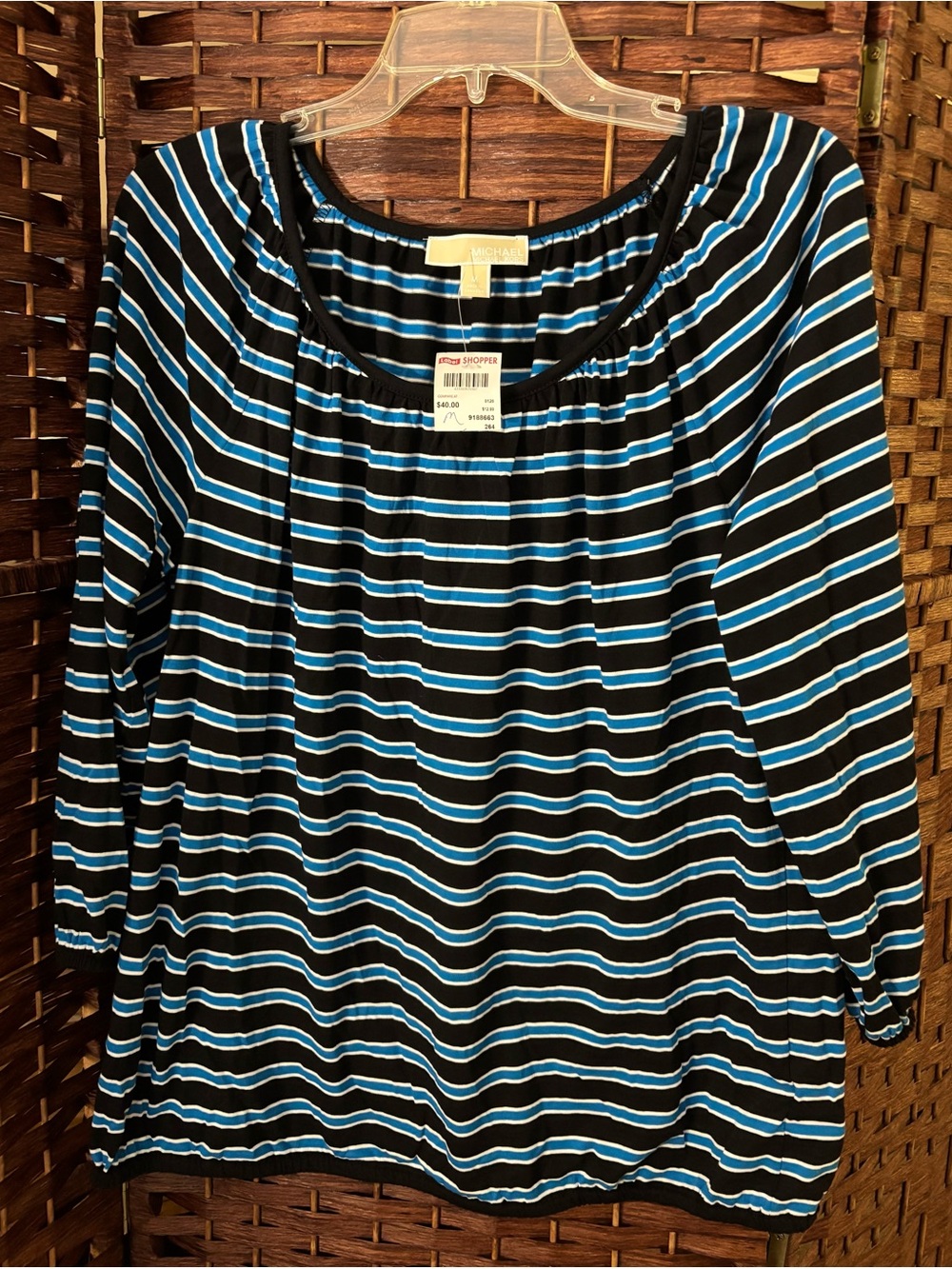Michael Kors Black, Blue & White Striped Long Sleeve Top